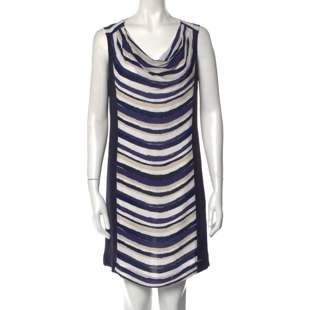 Tory Burch Navy, White and Cream Striped Cowl Neck Sleeveless Dress